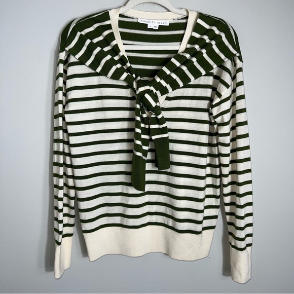 Veronica Beard Leni Tie Neck Sweater-Merino Wool-Olive Green Ivory Stripes-Small